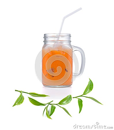 Iced milk tea with tea leaf isolated on white background Stock Photo