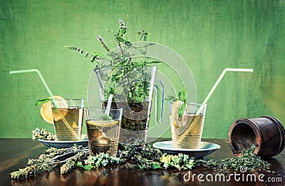 Iced mint tea with glasses and straws Stock Photo