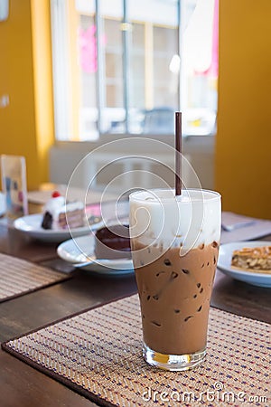 Iced mocha coffee with milk is on the mat Stock Photo