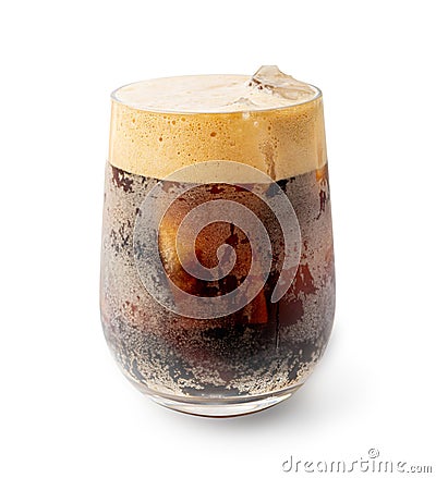 Iced Porter Beer Isolated, Cold Stout in Glass, Dark Beer with Foam and Ice Cubes, Bubbles on Alcohol Drunk Mug Stock Photo