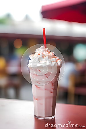 Iced strawberry milkshake with whipped cream in a tall glass. Stock Photo