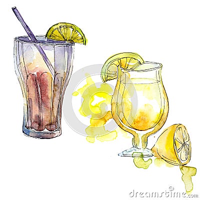 Iced tea and fresh from pineapple bar party cocktail drink. Nightclub isolated icon sketch drawing. Cartoon Illustration