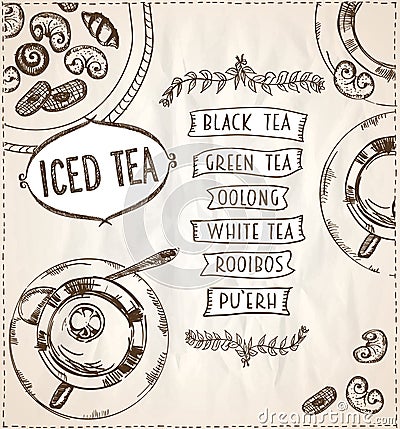 Iced tea menu art design concept on a paper, illustration with tea cups and assorted pastry Vector Illustration