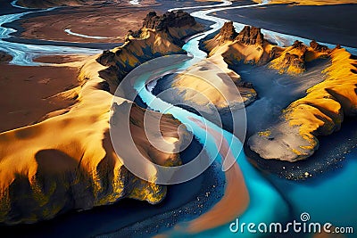 iceland aerial river flowing between desert rocky shores Stock Photo
