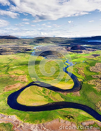 Iceland. Aerial view on the mountain, field and river. Landscape in the Iceland at the day time. Landscape from drone. Stock Photo