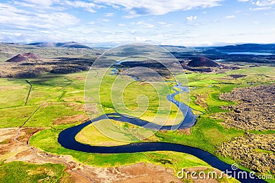 Iceland. Aerial view on the mountain, field and river. Landscape in the Iceland at the day time. Landscape from drone. Stock Photo