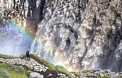 Iceland - August 3, 2021: Tourists at Dettifoss. The waterfall is situated in VatnajÃ¶kull National Park in Northeast Iceland, and Editorial Stock Photo