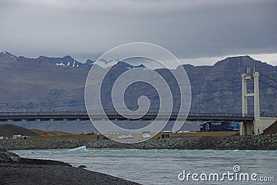 Iceland bridge over the channel of JÃ¶kulsarlon Lagoon flows to the sea Editorial Stock Photo