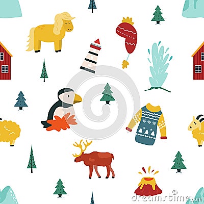 Iceland cartoon seamless pattern. Travel illustration Vector Illustration