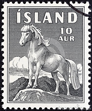 ICELAND - CIRCA 1958: A stamp printed in Iceland shows Icelandic Pony, circa 1958. Editorial Stock Photo