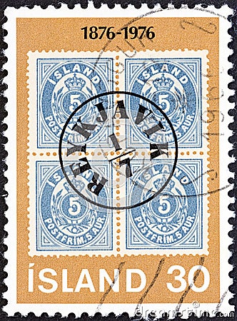 ICELAND - CIRCA 1976: A stamp printed in Iceland shows Iceland 5a, stamp with Reykjavik Postmark, 1876, circa 1976. Editorial Stock Photo