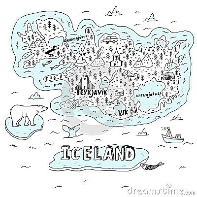 Iceland hand drawn cartoon map. Vector illustration with travel landmarks, animals and natural phenomena. Cartoon Illustration