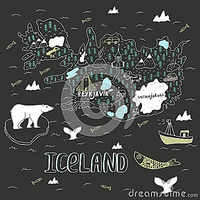 Iceland hand drawn cartoon map. Vector illustration with travel landmarks, animals and natural phenomena. Cartoon Illustration