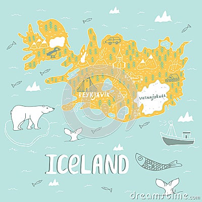 Iceland hand drawn cartoon map. Vector illustration with travel landmarks, animals and natural phenomena. Vector Illustration