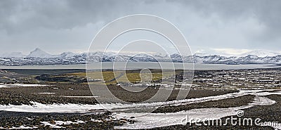 Iceland highlands autumn ultrawide view. Lava fields of volcanic sand in foreground. Hrauneyjalon lake and volkanic snow covered Stock Photo