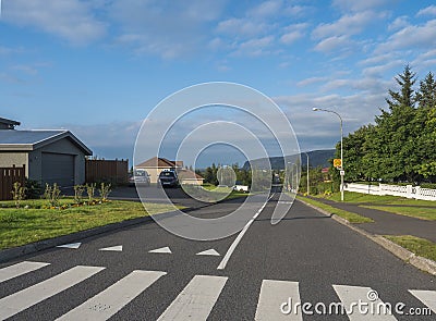Iceland, Hveragerdi, August 5, 2019: Main road in small beautiful green city Hveragerdi close to Iceland ringroad which is famous Editorial Stock Photo