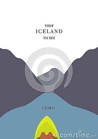 Iceland invating postcard. On kayak in the fjord illustration, simple flat design Stock Photo