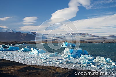 Iceland Jokulsarlon Glacier Lagoon Extra Wide panorama Nice Weather Stock Photo