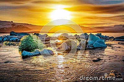 Iceland, Jokulsarlon lagoon, Beautiful cold landscape picture of icelandic glacier lagoon bay at sunset Stock Photo