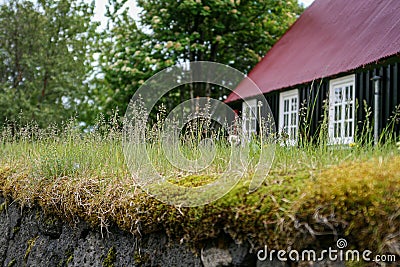 Iceland, 2008, June, very old stone wall with grass on top with traditional building in background Editorial Stock Photo