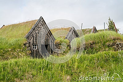 Iceland, 2008, June, Very old traditional Icelandic buildings with grass on the roof Editorial Stock Photo