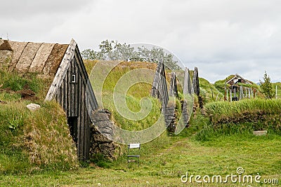 Iceland, 2008, June, Very old traditional Icelandic buildings with grass on the roof Editorial Stock Photo