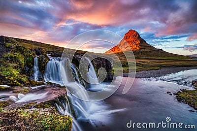 Iceland Landscape Summer Panorama, Kirkjufell Mountain at Sunset with Waterfall in Beautiful Light Stock Photo