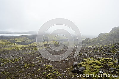 Iceland lava landscape in the mist Stock Photo