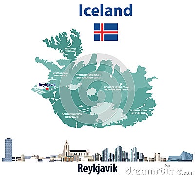 Iceland map with reykjavik city skyline. Vector illustration Vector Illustration