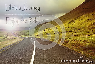 Motivational quote to live the life on abstract road and hills. Iceland Stock Photo