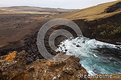 Iceland Reykjanes peninsula rocky volcanic sulfur stones shore coast line Stock Photo