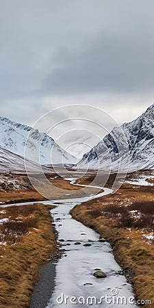 Moody Winter Landscape With Stream And Mountains Stock Photo