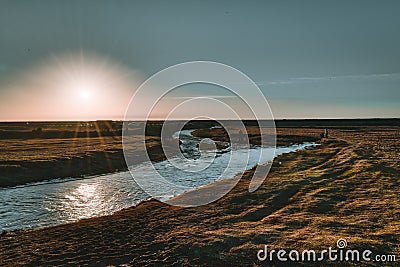 Iceland Scenic sunset at Seljalandsfoss waterfall south of iceland. Stock Photo