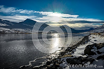 Iceland winter landscape view frozen water and reflection with b Stock Photo