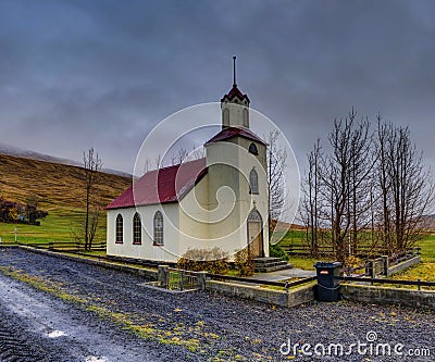 Icelandic Church with street and trees Ringroad Iceland Editorial Stock Photo