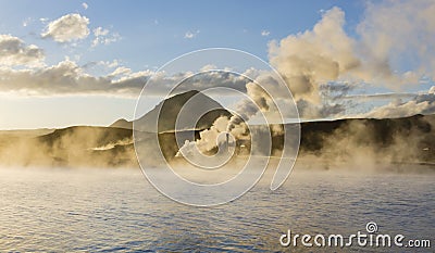 Icelandic geysir in summer, steam going out of ground Stock Photo