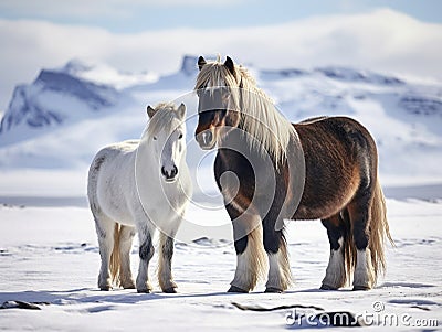 Icelandic Horses in Winter Time Cartoon Illustration