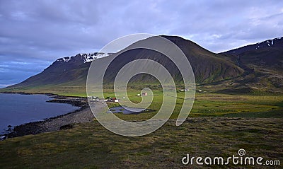 Icelandic landscape with the campsite at the hot pot Grettislaug on peninsula Skagi Stock Photo