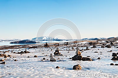 Icelandic landscape, frozen lake. Stock Photo