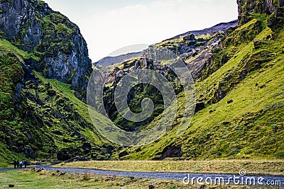 Icelandic landscapes in the Vik area. Endless spaces, green and Stock Photo