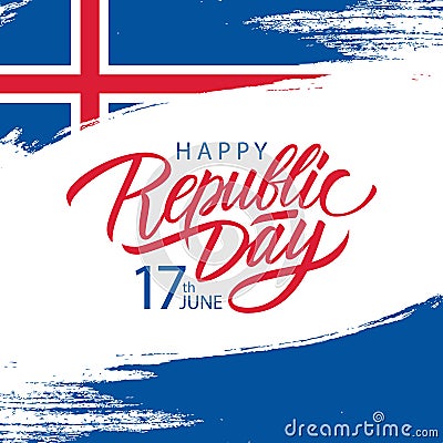 Icelandic Republic Day, 17th june greeting card with brush stroke background in colors of the national flag of Iceland. Vector Illustration