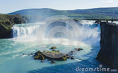 Icelandic waterfall in iceland, Goddafoss, beautiful vibrant summer panorama picture view Stock Photo