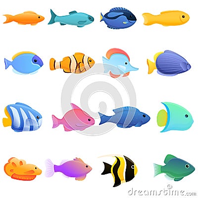 Ichthyology icons set, cartoon style Vector Illustration