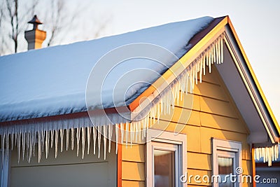 icicles backlit by the setting sun on a house eave Stock Photo