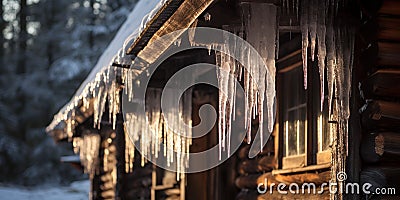 Icicles hanging from the roof of an old log hut -, concept of Winter wonderland Stock Photo
