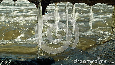 Icicles water river Morava in winter frozen magic and magical white, hanging from overhang, flowing down with ice stones Stock Photo