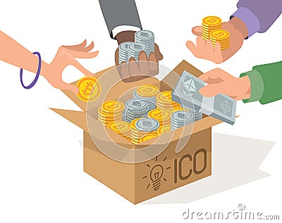 ICO vector illustration. Blockchain ICO. Initial coin offering. ICO tokens. IT startup crowdfunding. Hands with bitcoin Vector Illustration