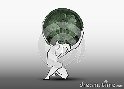 Businessman carrying a big stone american dollar sign on his back. Overloaded guy, difficult burden and debt pressure. Business Vector Illustration