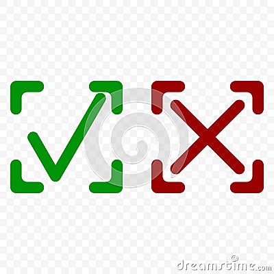 Icon of acceptance and rejection. Tick and cross symbol in square frame on transparent background. Rounded corners. Isolated Stock Photo