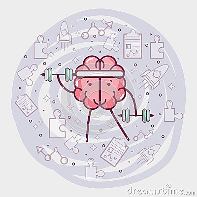 Icon adorable kawaii brain doing exercise Vector Illustration